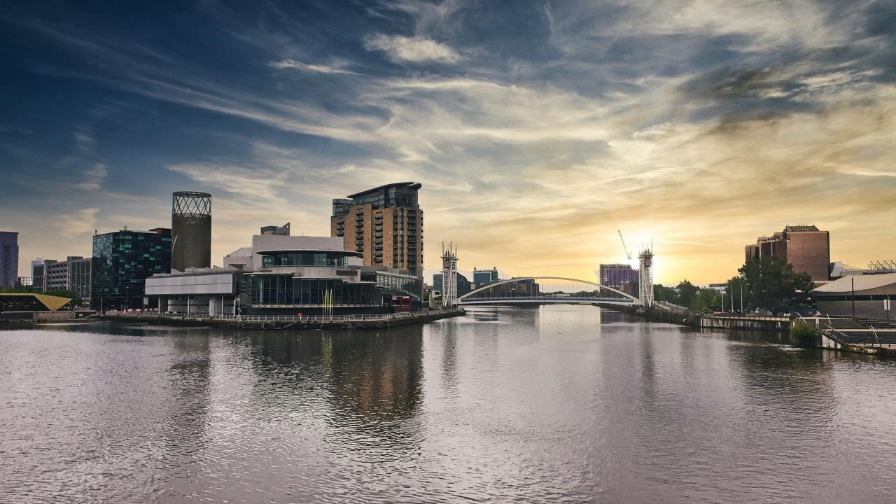 Salford Quays · MediaCityUK at sunset — the UKNode network home in Greater Manchester.